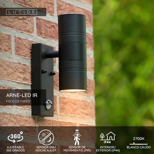 Lucide ARNE-LED IR - Foco de pared / Lámpara de pared Dentro/Fuera - Ø 6,3 cm - LED - GU10 - 2x5W 2700K - IP44 - Sensor movimiento & día/noche - Negro - USP